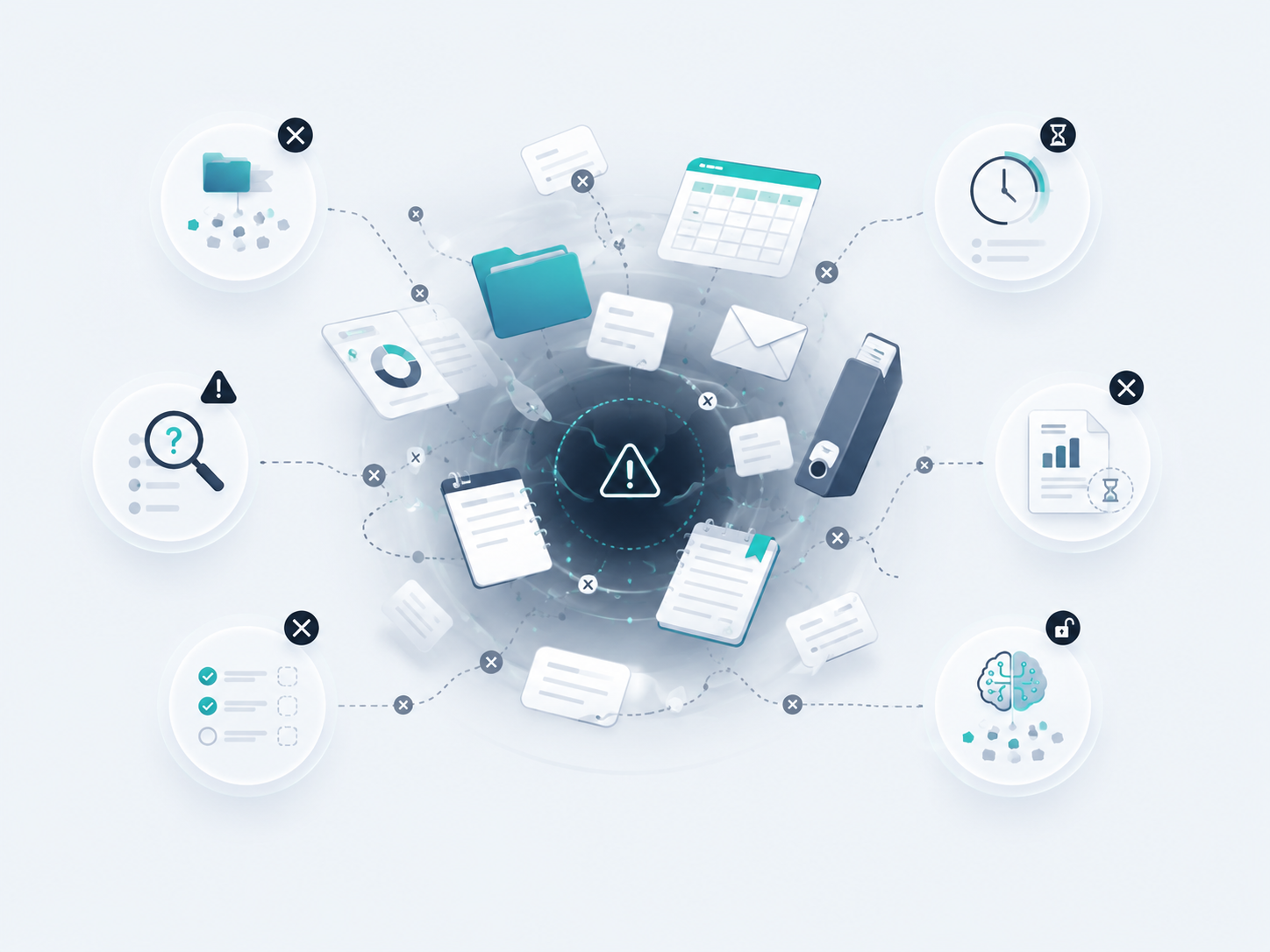 Fragmented HSE evidence, unclear gaps and delayed reporting shown as disconnected records and warnings